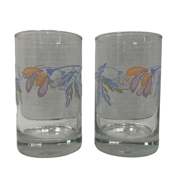 Vintage Libbey Crisa Floral Print Breakfast Juice Glasses Blue Pink 5 Oz 2 Set - Picture 1 of 11